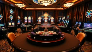 KJC casino scene with vibrant slot machines and excited players at poker tables.