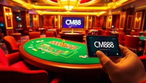 Experience luxury and excitement at a casino table with CM88 poker chips and cards.