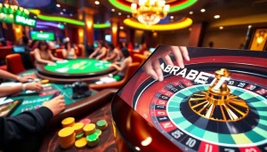 Engage in thrilling online gaming with BRABET featuring bright casino tables and exciting gameplay elements.