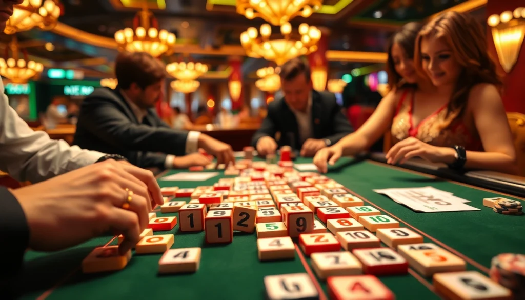 Play Rummikub אונליין with friends at an exciting casino game table featuring colorful tiles.