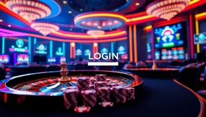 Login interface illuminated by casino lights showcases poker chips and roulette wheels.
