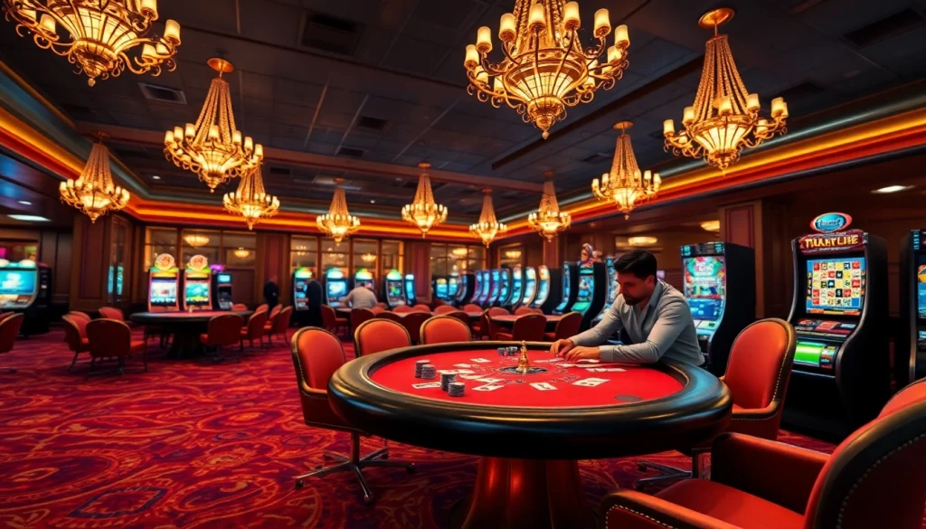 Players enjoying a thrilling game at topclub casino with luxurious poker tables and vibrant slot machines.