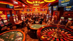 S8 Casino excitement with players at tables, colorful slot machines, and a spinning roulette wheel.