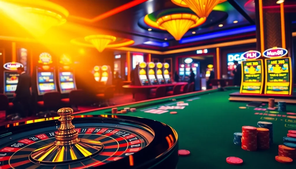 Man88 casino scene with vibrant roulette and gaming elements creates excitement.