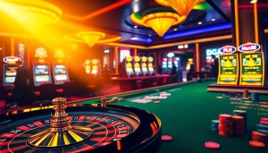 Man88 casino scene with vibrant roulette and gaming elements creates excitement.