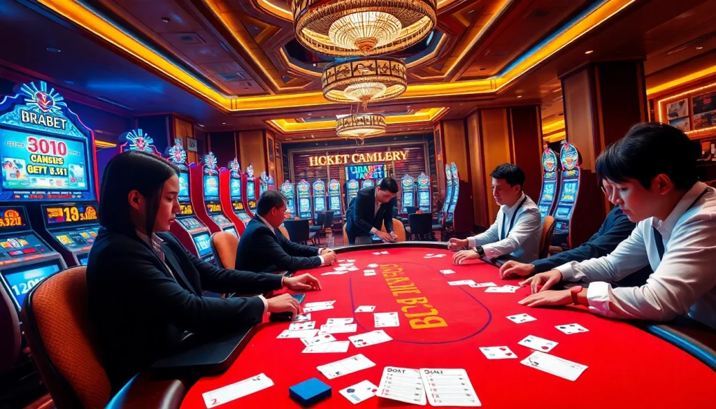 Players engaging at a luxurious BRABET casino poker table, surrounded by vibrant slot machines.