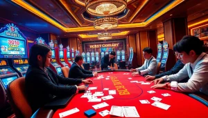 Players engaging at a luxurious BRABET casino poker table, surrounded by vibrant slot machines.