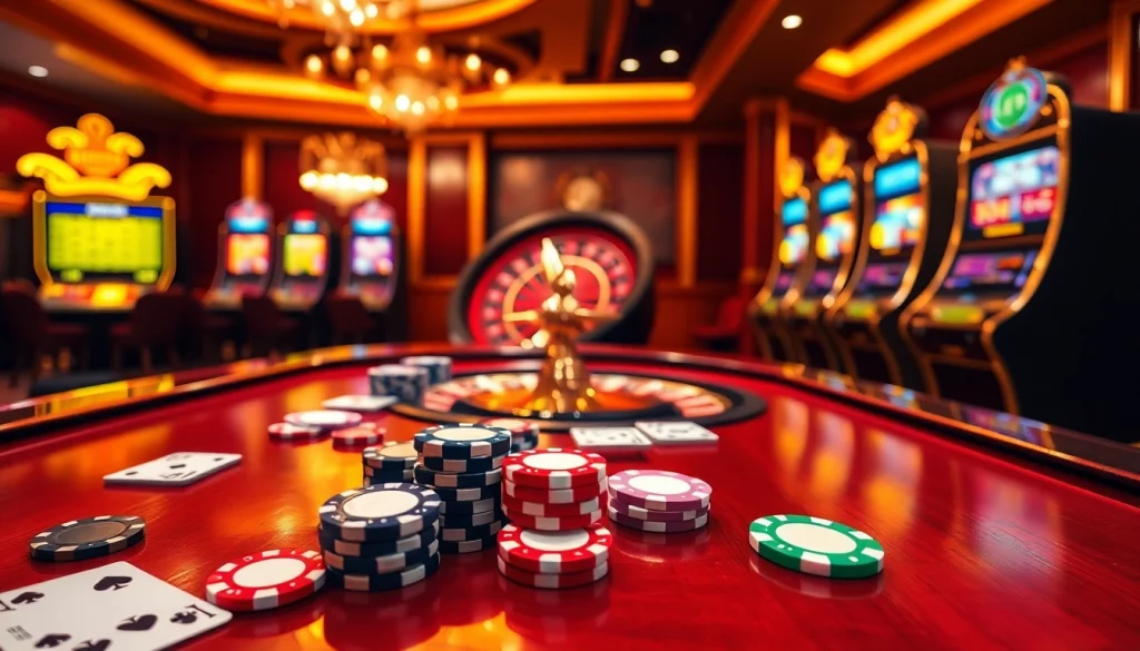 A vibrant casino scene showcasing gambling excitement at https://five88.foo/ with poker chips, cards, and a roulette wheel.