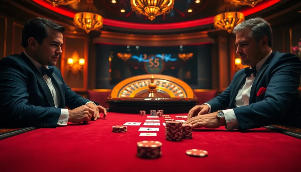 555win poker game scene with vibrant chips and intense player focus at a luxurious table.