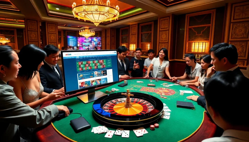 Experience the thrill of gambling at Trang Chủ X88 with a vibrant casino scene featuring enthusiastic players and elegant betting elements.