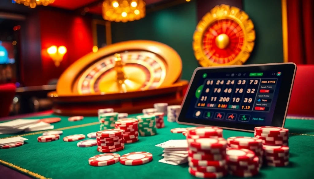 Engaging casino scene with 555win poker table, vibrant colors, and roulette wheel.