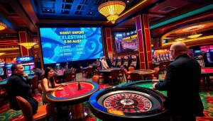 KP88 casino players engaged at poker and roulette tables, enhancing excitement.