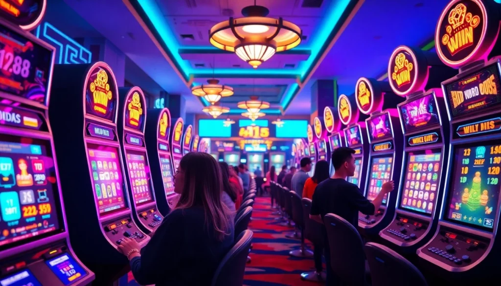 Exciting online gaming experience at 98win casino showcasing vibrant slot machines and engaged players.