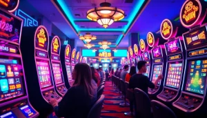 Exciting online gaming experience at 98win casino showcasing vibrant slot machines and engaged players.