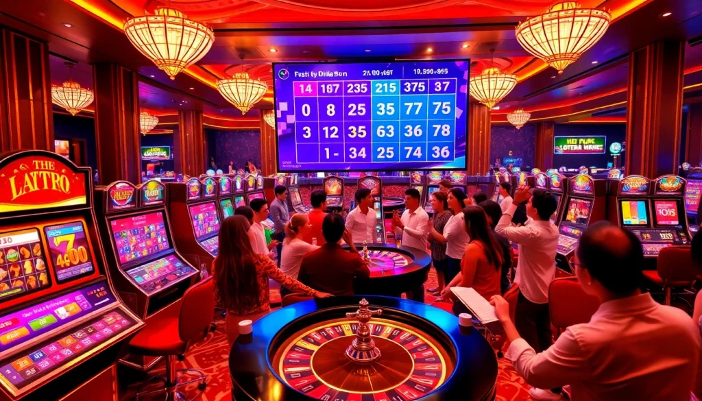 A group of players engaged in Tool xổ số siêu tốc lottery gaming, showcasing excitement in a luxurious casino setting.