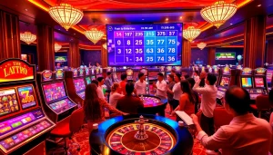 A group of players engaged in Tool xổ số siêu tốc lottery gaming, showcasing excitement in a luxurious casino setting.