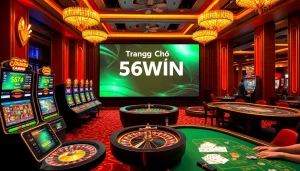 A captivating casino gaming scene featuring Trang Chủ 56WIN with dynamic slot machines and roulette tables.