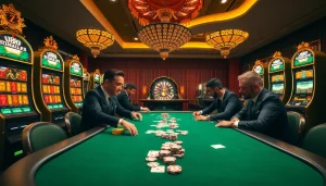 Players enjoying a poker game at u888 casino with vibrant slot machines in background.