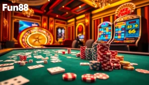 Experience high-stakes play with Fun88 at a luxurious online casino, showcasing exciting games and vibrant atmosphere.