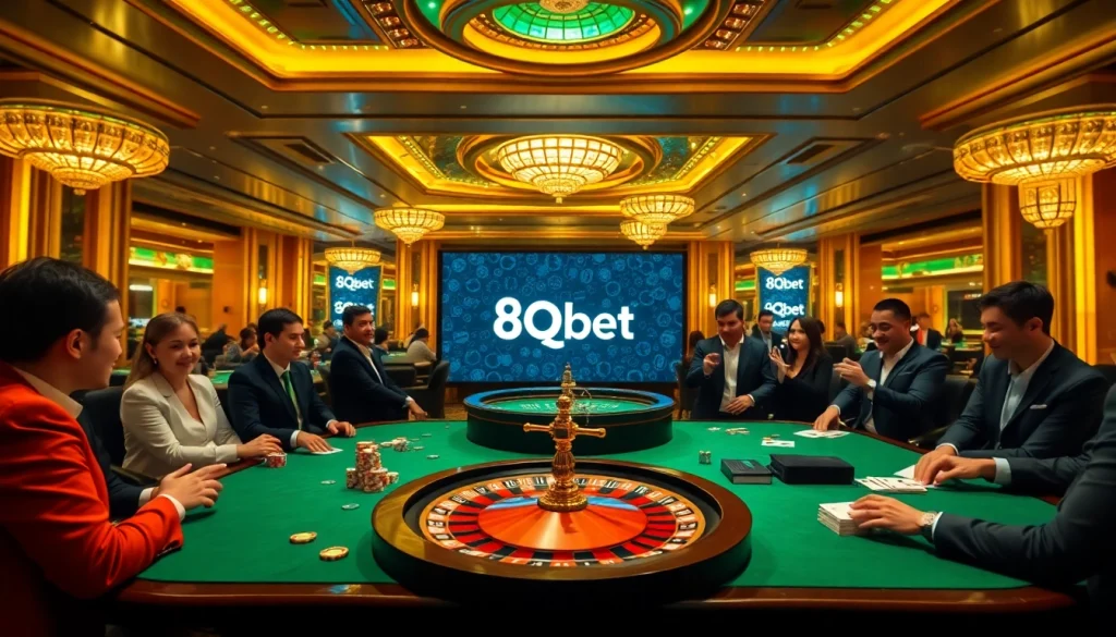 Players enjoying a thrilling game at an 8qbet casino, surrounded by vibrant roulette tables and bright lights.