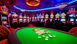 Players enjoying idnslot machines in a luxurious casino setting with vibrant colors and excitement.