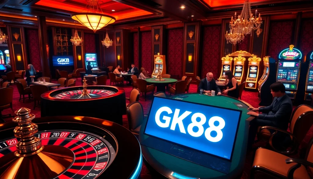 Players engaging in high-stakes gameplay at GK88 table, showcasing a vibrant casino atmosphere.