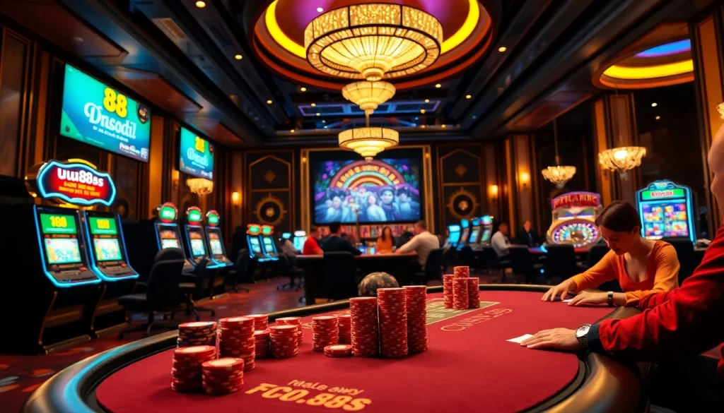 uu88 poker action in a luxury casino with vibrant tables and chips