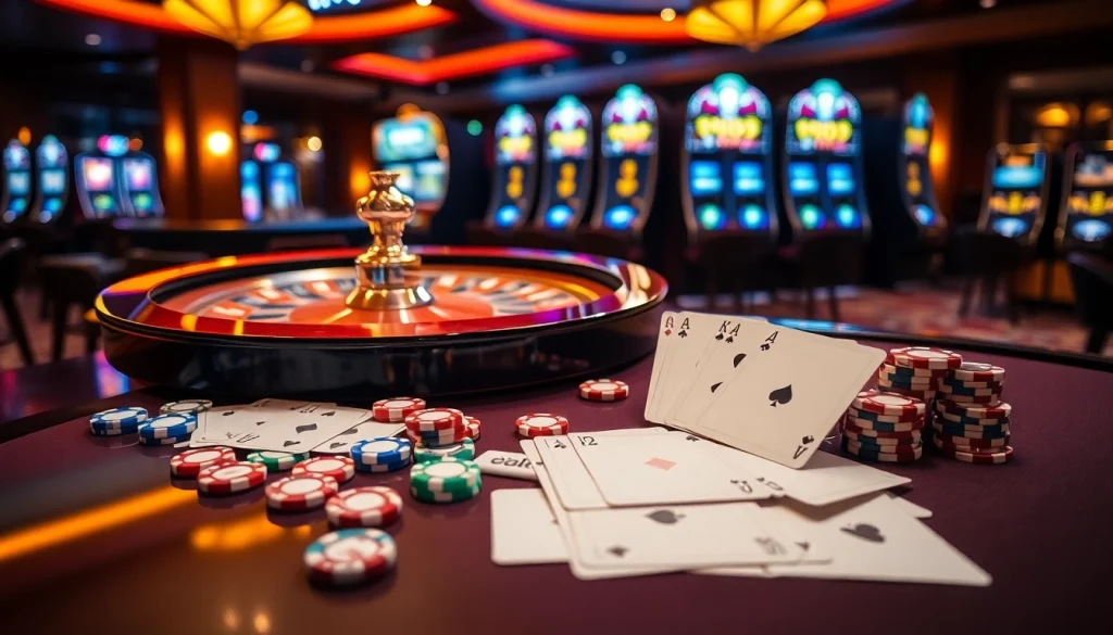 Experience excitement at ulat 123's vibrant casino scene with a roulette wheel and poker chips.