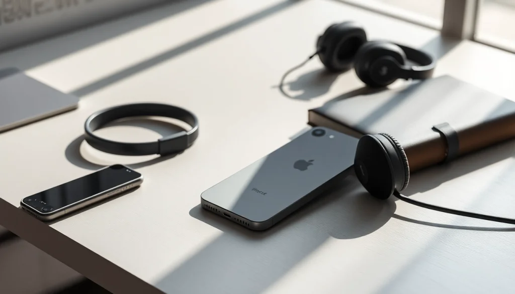 Visualiza el iPhone SE 4 en un entorno moderno con accesorios de tecnología.