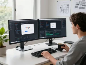 软件开发者在现代工作空间中优化谷歌浏览器性能，配备多台显示器和编码工具。
