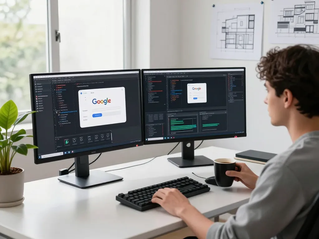 软件开发者在现代工作空间中优化谷歌浏览器性能，配备多台显示器和编码工具。