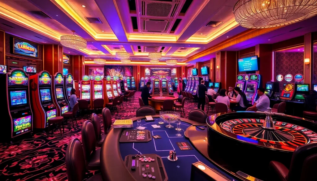 Experience the excitement of MM88 with dynamic gaming scenes featuring casino tables and vibrant slot machines.