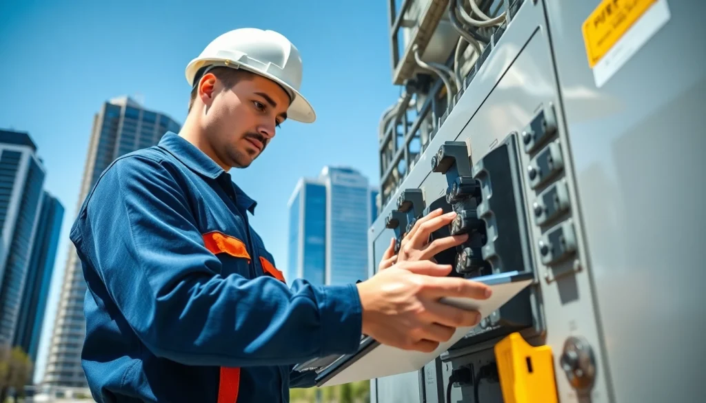 Technician conducting electrical maintenance edmonton in urban setting with tools and circuit breakers.