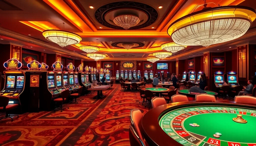 Kaisar888 gaming experience with elegant tables, vibrant slot machines, and thrilling atmosphere.