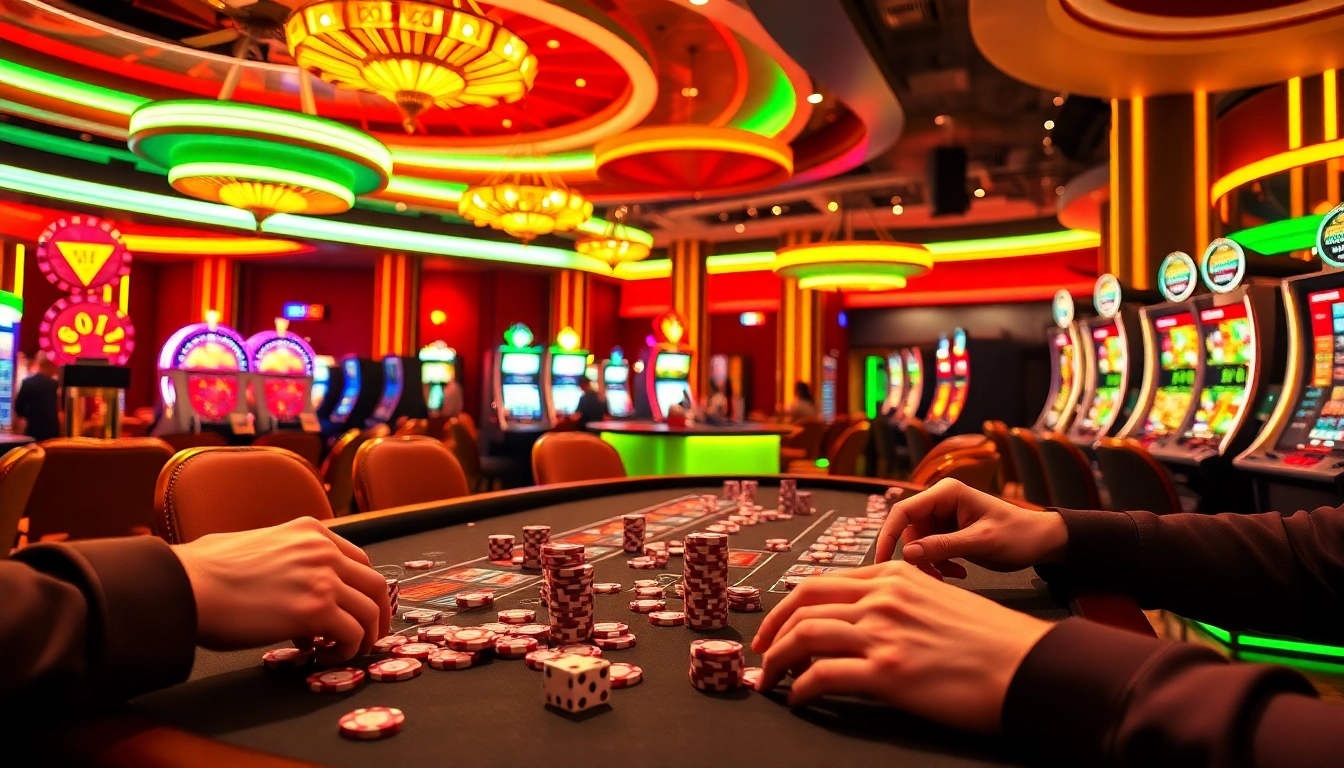 Exciting casino ambiance showcasing link thabet with poker games and vibrant slot machines.