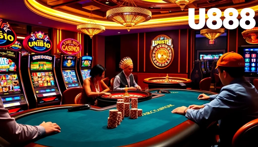 Experience thrilling moments at U888’s lavish casino tables with vibrant slot machines.
