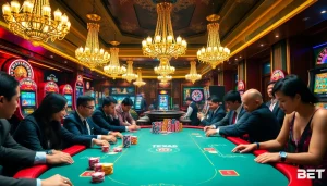 Engaged players at a poker table and vibrant slot machines highlight 28BET's excitement in online gambling.