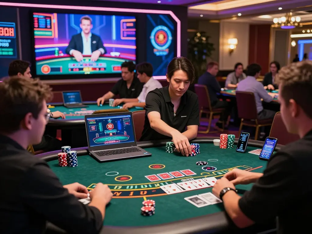 Exciting baccarat gaming scene with online players engaged on виртуал baccarat sites, showcasing immersive casino atmosphere