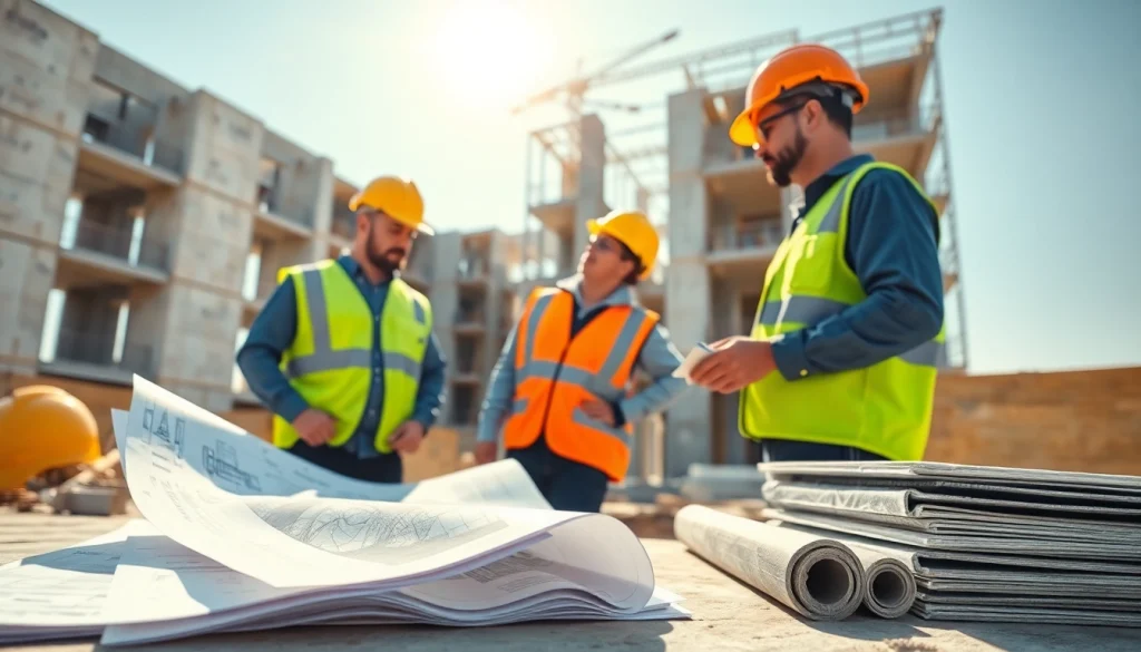 Engineers implementing construction quality management at a bustling construction site.