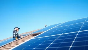 Piped Up technician installing solar panels on a modern roof with a blue sky backdrop.