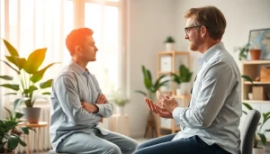 Anxiety symptoms being discussed in a calming therapy session with a therapist and client.