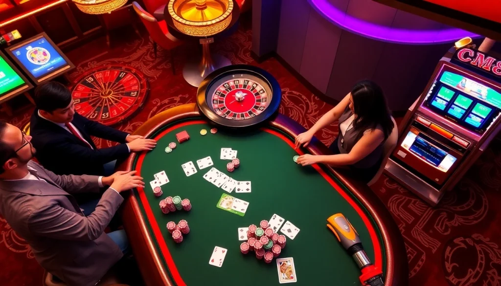 Experience the thrill of CM88 with vibrant casino gaming scenes filled with poker chips and roulette wheels.