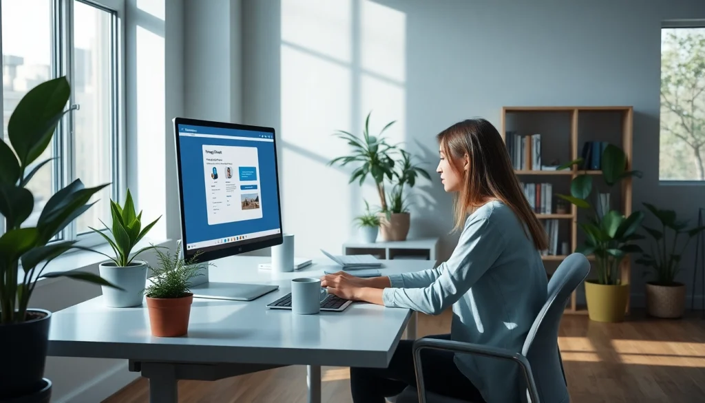Image to prompt generator showcasing a young woman in a modern workspace, focusing on a high-tech interface.