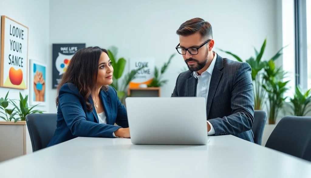 Engaging business coach near me consulting with a client in a vibrant office.