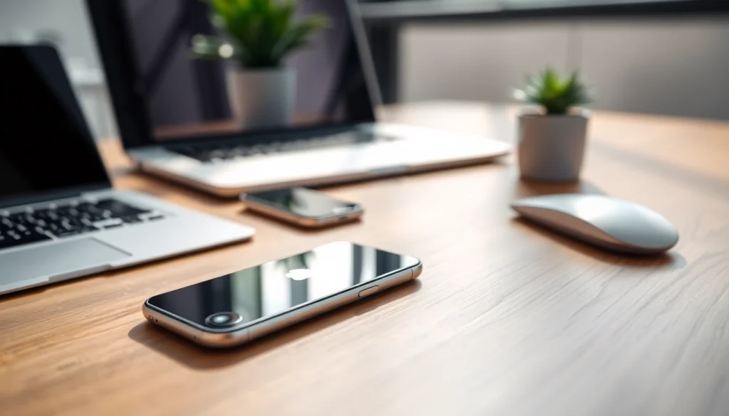 Smartphone Apple z nowoczesnym designem na biurku z dodatkami technologicznymi