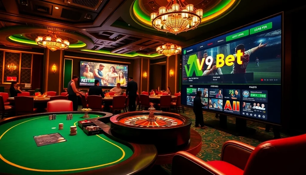 Experience the excitement of V9bet with vibrant casino visuals showcasing poker tables and roulette wheels.