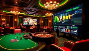 Experience the excitement of V9bet with vibrant casino visuals showcasing poker tables and roulette wheels.