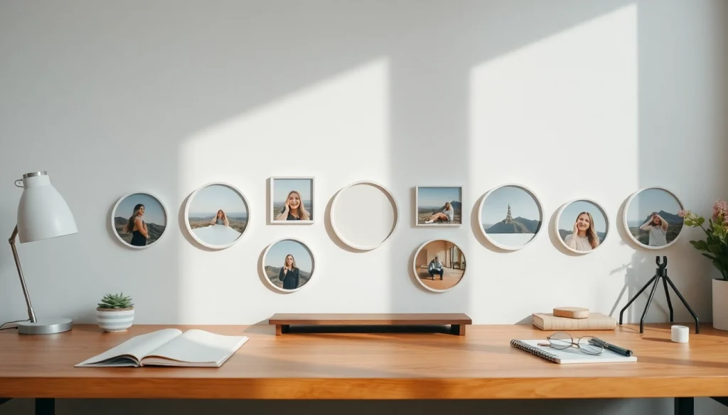 Circle photo creations showcased on a vibrant wooden desk.