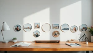 Circle photo creations showcased on a vibrant wooden desk.