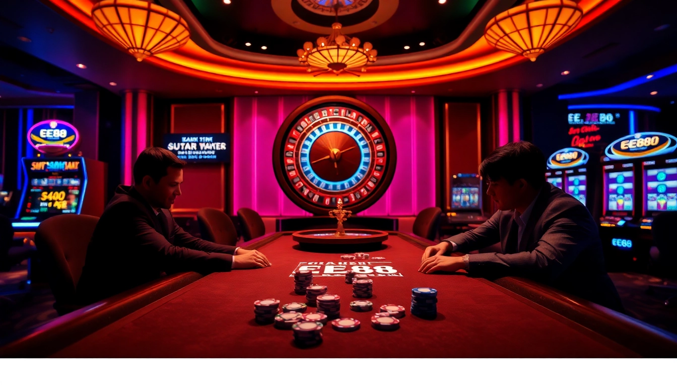 Casino excitement at EE88 with poker, roulette, and vibrant slot machines.